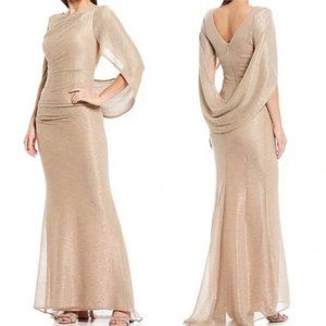 Betsy & Adam Rose Gold Silver Drape Back Cape Sleeve Ruched Mermaid Gown